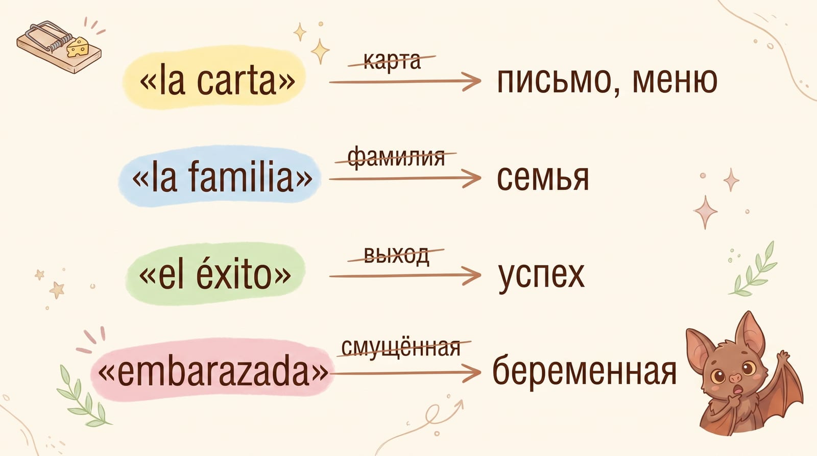 Инфографика: слова-ловушки — la carta не «карта», а письмо или меню; la familia не «фамилия», а семья; el éxito не «выход», а успех; embarazada не «смущённая», а беременная