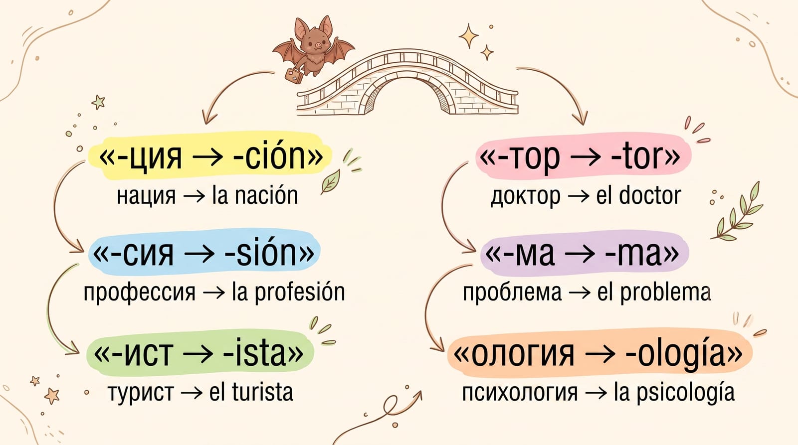 Шесть мостиков между похожими русскими и испанскими словами: -ция → -ción, -сия → -sión, -ист → -ista, -тор → -tor, -ма → -ma и -ология → -ología