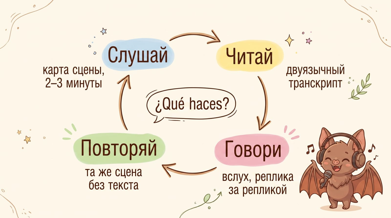 Инфографика: цикл из четырёх шагов — слушай (карта сцены, 2–3 минуты), читай (двуязычный транскрипт), говори (вслух, реплика за репликой), повторяй (та же сцена без текста)