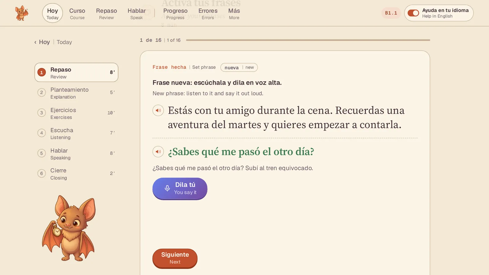 A new phrase in review: the situation «Estás con tu amigo durante la cena…», under it the phrase ¿Sabes qué me pasó el otro día? and a «Dila tú» button