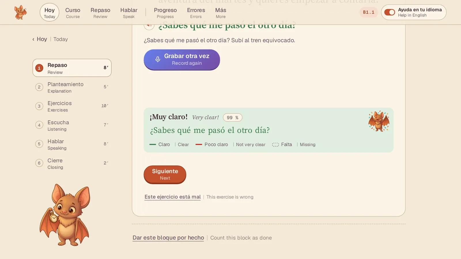 A review phrase said aloud: «¡Muy claro!» and a word-by-word legend — claro, poco claro, falta