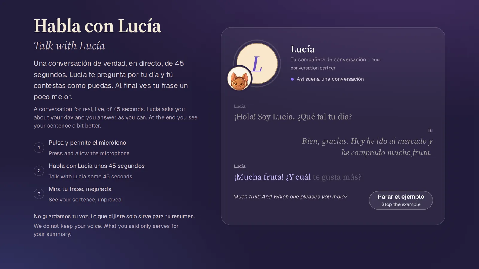 An example conversation with Lucía on the site: the lines appear as captions, with the English help line under the Spanish