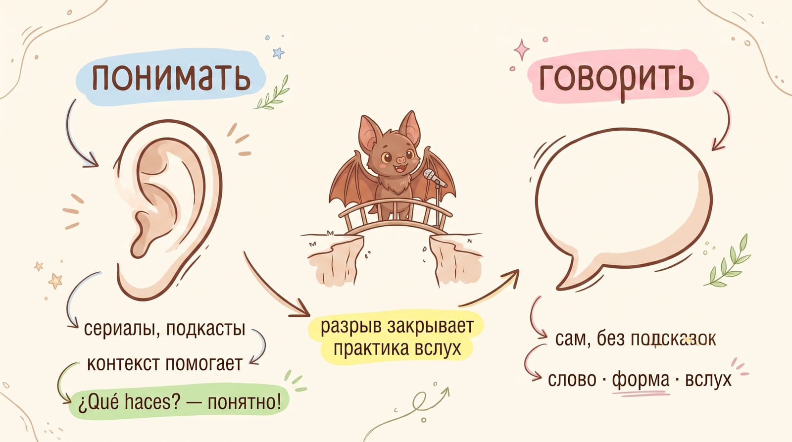 Инфографика: понимать и говорить — разные навыки; понимание кормят сериалы и подкасты, контекст помогает; говорение — сам, без подсказок; разрыв закрывает практика вслух