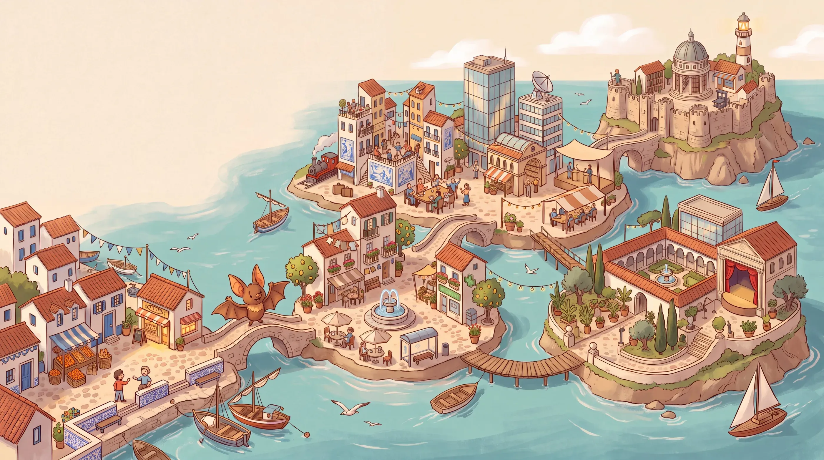 Ilustración: seis islas unidas por un camino, del pueblo del puerto (A1) a la ciudadela de los libros (C2).